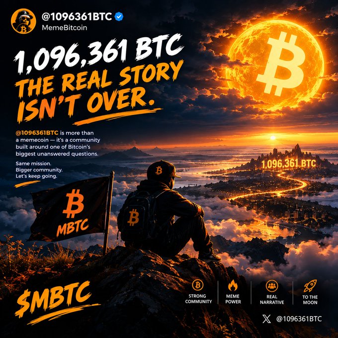 A promotional graphic for the memecoin @1096361BTC, stating "1,096,361 BTC THE REAL STORY ISN'T OVER" with an illustration of a Bitcoin flag on a mountain and tags like $MBTC, STRONG COMMUNITY, MEME POWER, and TO THE MOON.