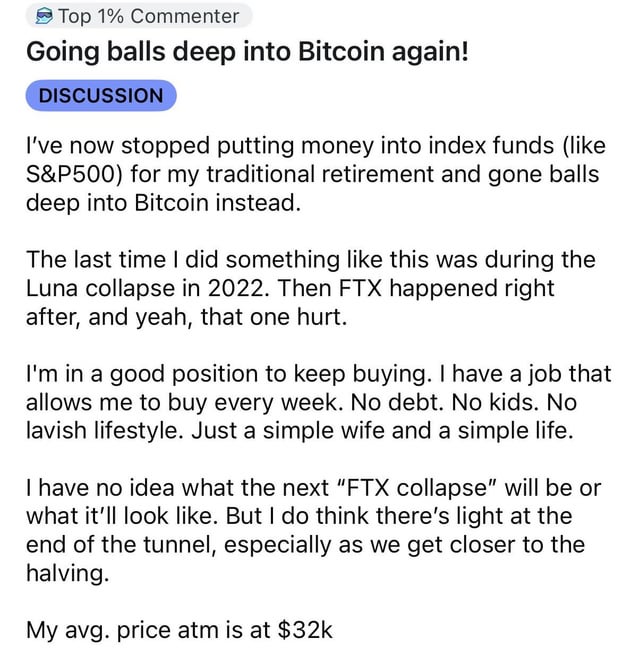 The image shows a screenshot of a Facebook post related to cryptocurrency and Bitcoin investing, featuring a screenshot of an article written by someone discussing their experiences with index funds like S&P 500 and Bitcoin. The post includes several discussion questions posed by the author about these types of investments.