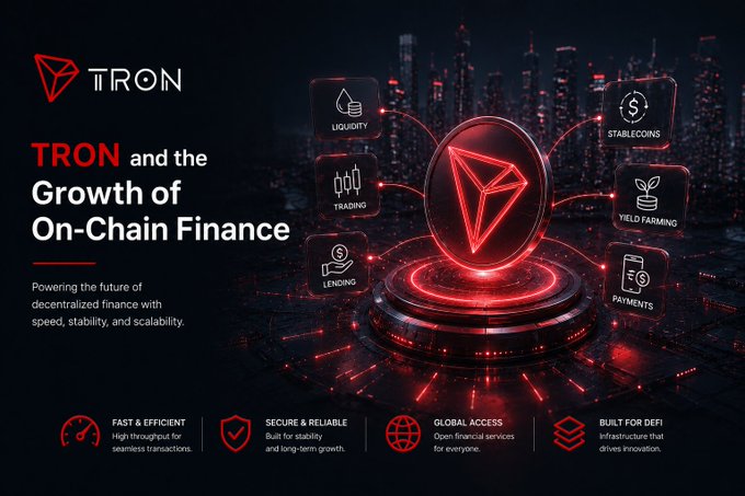 A promotional graphic for TRON titled 'TRON and the Growth of On-Chain Finance,' showcasing its red logo surrounded by icons for Liquidity, Stablecoins, Trading, Yield Farming, Lending, and Payments, with bottom features listed as 'Fast & Efficient,' 'Secure & Reliable,' 'Global Access,' and 'Built for DeFi.'