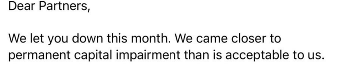A screenshot of an apologetic memo beginning "Dear Partners, We let you down this month. We came closer to permanent capital impairment than is acceptable to us," humorously framed as the girlfriend's excuse for losing rent money on failed crypto/shitcoin investments.