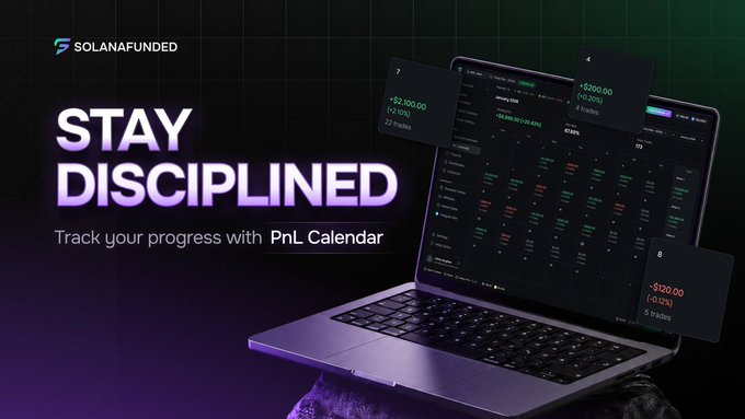 The image is a promotional graphic for "SolanaFunded" featuring the bold text "STAY DISCIPLINED — Track your progress with PnL Calendar" alongside a laptop displaying a trading dashboard, with floating trade cards showing examples like "+$2,100.00 (+3.50%), 23 trades" and "-$120.00 (-0.10%), 5 trades," visually reinforcing the message of monitoring trading performance and goal-tracking through the PnL Calendar.