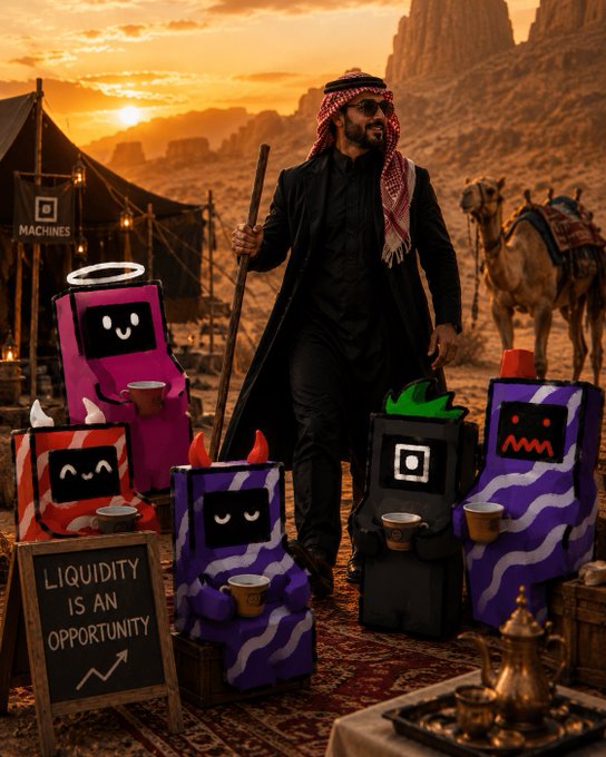 The image features a man dressed in traditional Arabian attire (keffiyeh and agal) standing in a desert setting at sunset, surrounded by colorful anthropomorphic Bitcoin Ordinal character boxes with pixelated faces, alongside a camel, a tent labeled "MACHINES," and a chalkboard sign reading "LIQUIDITY IS AN OPPORTUNITY" with an upward arrow—visually satirizing the post's commentary on traders selling their BTC Machine Ordinals to chase a new raffle project, where the whimsical desert characters and "opportunity" sign serve as metaphors for the unpredictable gamble of chasing liquidity-driven trends.