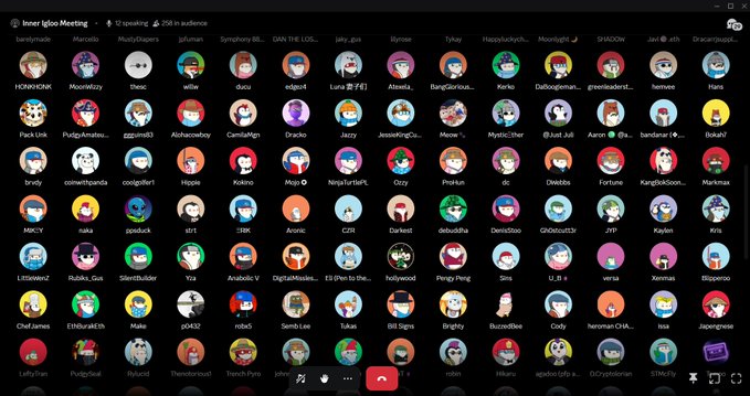 A Discord voice meeting interface titled 'Inner igloo Meeting' showing 256 in audience with numerous user avatars displaying monkey and cartoon profile pictures.