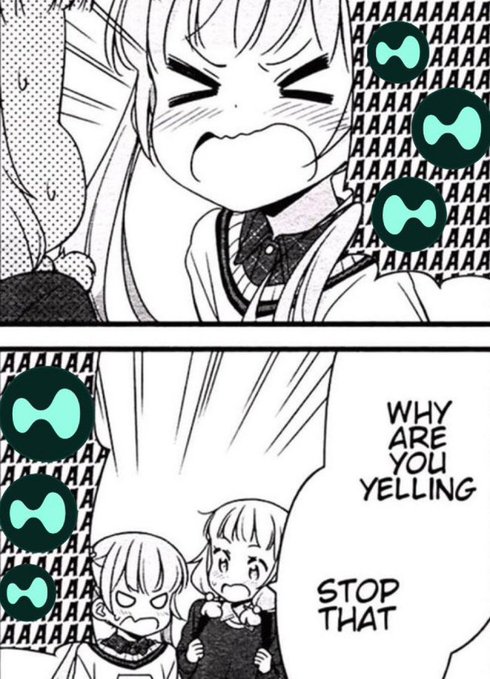 A character with a scrunched, blushing face screams "AAAAAAAAA" repeatedly in the top panel, while two other characters in the bottom panel respond, "WHY ARE YOU YELLING" and "STOP THAT." The image humorously captures the overwhelming excitement of chanting "HYPERLIQUID HYPERLIQUID HYPERLIQUID" with such intensity that others beg the person to stop yelling.