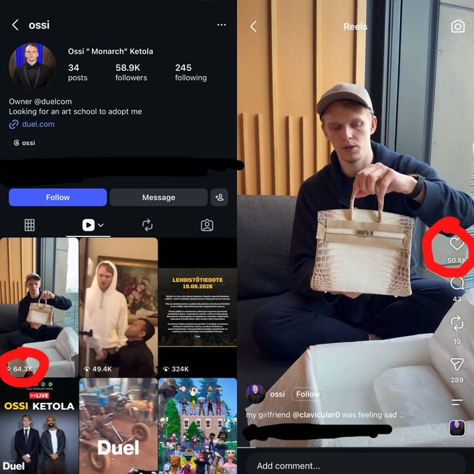 An Instagram profile for 'ossi' (Ossi "Monarch" Ketola) shown alongside a Reel of him presenting a small crocodile-skin Hermès Kelly bag, with the engagement counts circled in red.