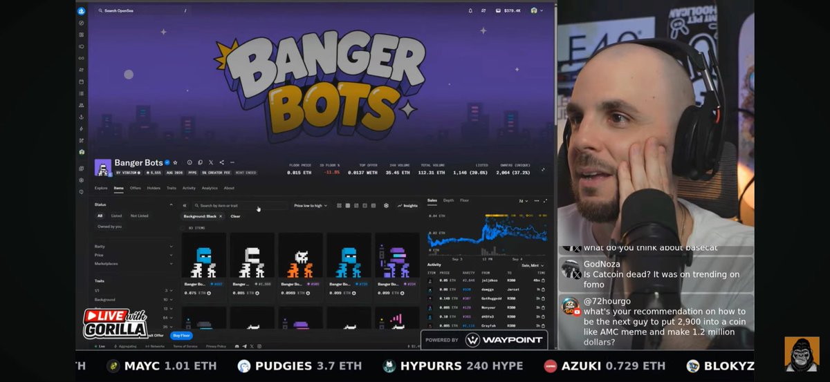 A live stream screenshot showing a bald man with headphones speaking into a microphone, with the "Banger Bots" NFT collection displayed on OpenSea showing stats like "FLOOR PRICE 0.015 ETH" and viewer comments below.