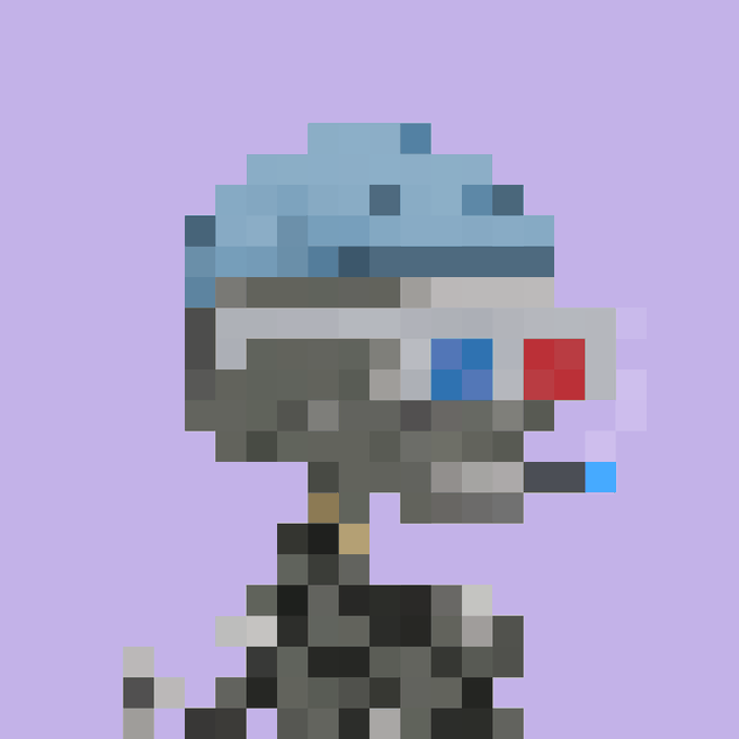 Pixel art rendering of a character's head wearing a blue helmet against a light purple background.