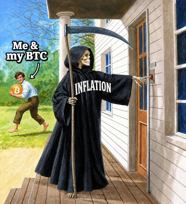 A meme showing the Grim Reaper labeled "INFLATION" ringing a doorbell, while a barefoot person joyfully running with a Bitcoin coin is labeled "Me & my BTC" — illustrating the post's message of "NO MORE" inflation, with Bitcoin being the way to escape it.