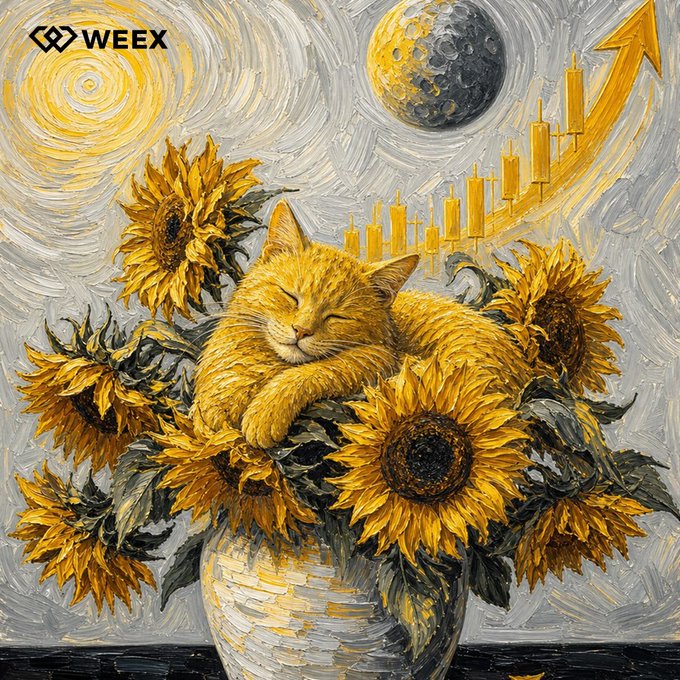 A Van Gogh-style painting shows a sleeping orange cat nestled in a vase of sunflowers beneath a swirling sun and moon, with golden candlestick charts and an upward arrow in the background, branded with the 'WEEX' logo.