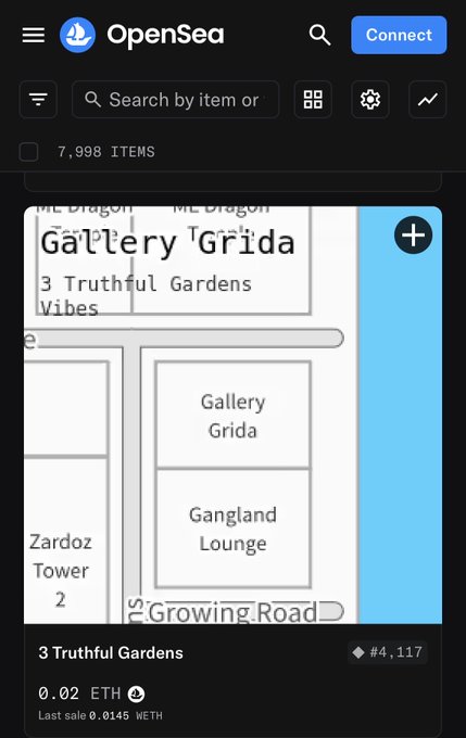 An OpenSea NFT marketplace page displaying "3 Truthful Gardens" NFT priced at 0.02 ETH with various gallery room sections like "Gallery Grida" and "Gangland Lounge."