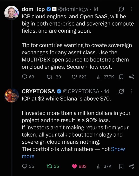 An X (Twitter) exchange where @dominic_w discusses ICP cloud engines and sovereign compute, and @CRYPTOKSA responds criticizing ICP's $2 price versus Solana above $70, mentioning a 90% loss on a million-dollar investment.