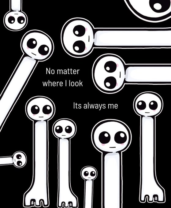 A black-and-white illustration shows multiple simple, white cartoon figures with large black eyes standing against a dark background, accompanied by the text "No matter where I look Its always me." The image relates to the "Long" post by humorously expressing self-obsession or loneliness, with the figures constantly facing or representing the same character from various angles and distances.