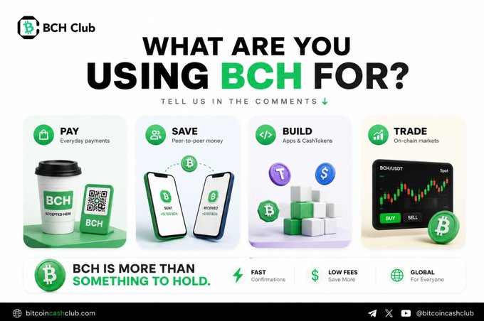 A promotional graphic for BCH Club asks 'WHAT ARE YOU USING BCH FOR?' showing four categories: Pay, Save, Build, and Trade, with the tagline 'BCH IS MORE THAN SOMETHING TO HOLD.'
