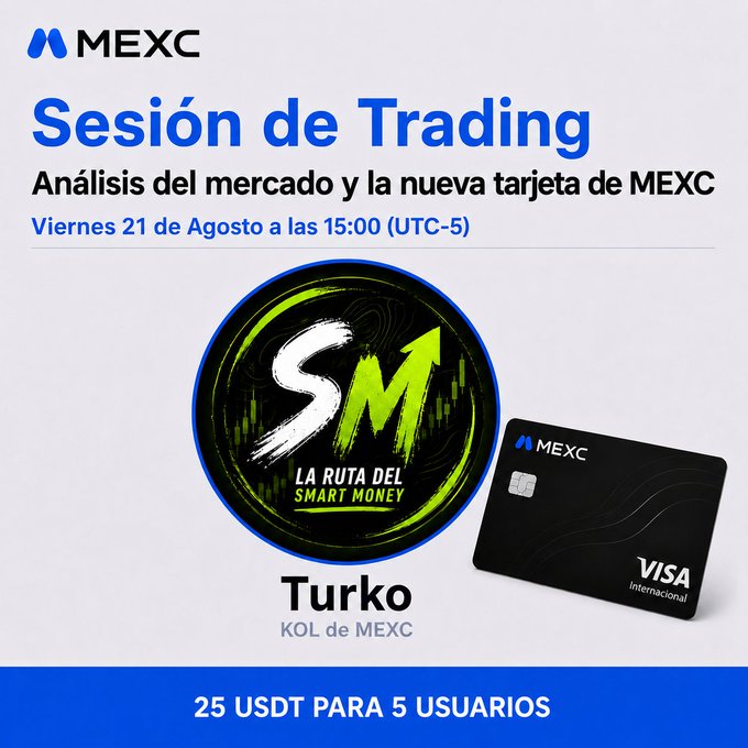 A Spanish-language promotional graphic for MEXC announces a 'Sesión de Trading' trading session on Friday, August 21 at 15:00 (UTC-5), featuring KOL 'Turko' and a MEXC Visa card, with a prize of 25 USDT for 5 users.