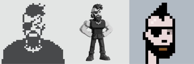Three grayscale pixel-art figures of bearded men, including a stylized portrait, a full-body pose with hands on hips wearing sunglasses and tactical gear, and a close-up of a face.