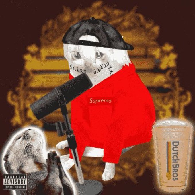 A cartoon cat wearing a red "Supreme" hoodie, black cap, and stitched scars speaks into a microphone with a "Parental Advisory Explicit Content" label visible, set against an ornate gold throne backdrop alongside a "Dutch Bros" coffee cup. The image satirically mimics a hip-hop album cover, fitting the post's theme of an "Official Cash Cats Honorary NFT" parodying streetwear and meme culture.