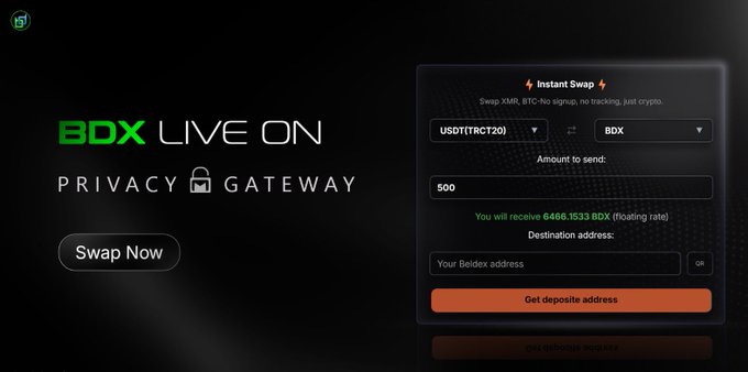 A promotional banner for BDX reads 'BDX LIVE ON PRIVACY GATEWAY' with a 'Swap Now' button, alongside an Instant Swap interface for exchanging USDT (TRC20) to BDX, showing a sample conversion of 500 USDT to 6466.1533 BDX.
