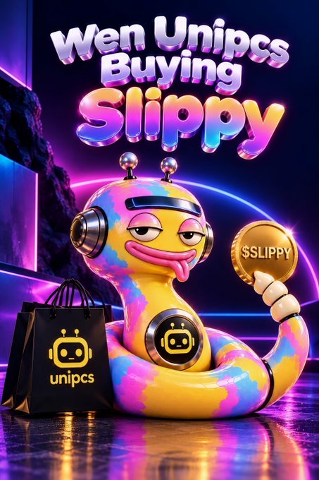 A vibrant promotional graphic reading 'Wen Unipcs Buying Slippy', featuring a colorful tie-dye snake character wearing headphones and holding a gold coin labeled '$SLIPPY', next to a black shopping bag with the 'unipcs' robot logo.