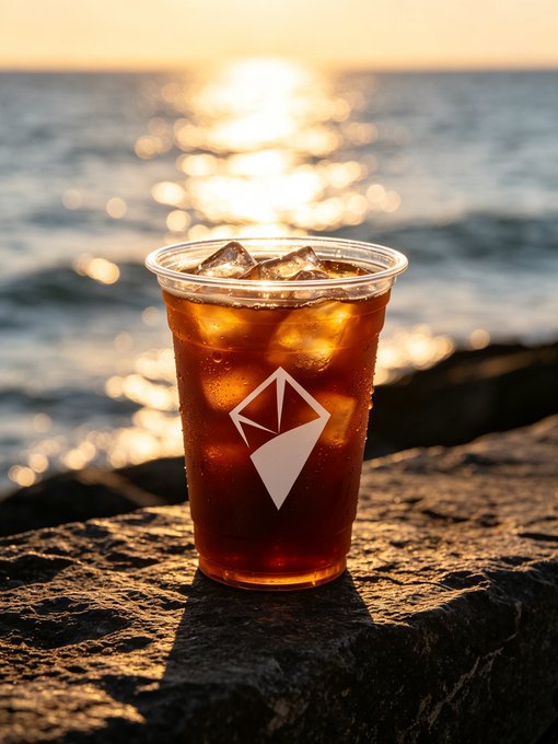 A plastic cup filled with iced tea and ice sits on a rocky surface by the ocean during sunset, featuring a white geometric diamond/kite logo on the cup.
