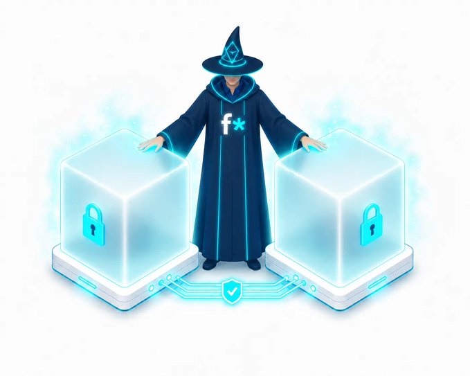 An illustration of a wizard in blue robes with an 'fx' logo, standing between two glowing cubes with padlock icons, suggesting security or encryption.