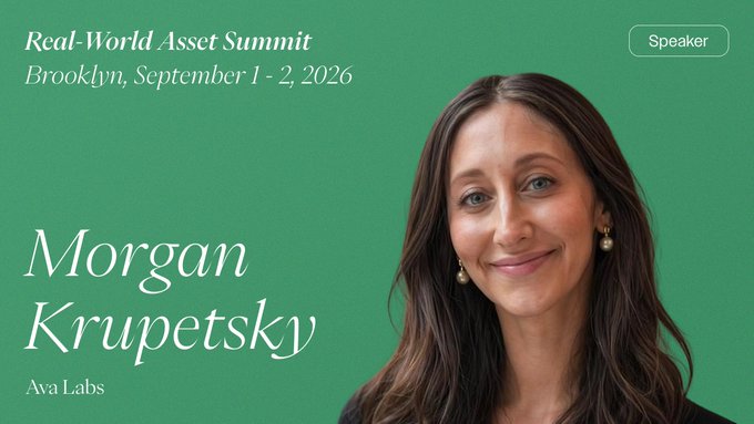 A speaker announcement for the Real-World Asset Summit in Brooklyn, September 1-2, 2026, featuring Morgan Krupetsky from Ava Labs against a green background.