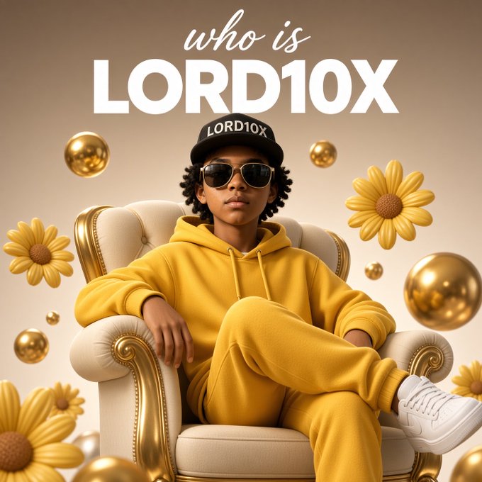 A promotional graphic titled 'who is LORD10X' featuring a young person wearing a yellow tracksuit, sunglasses, and a 'LORD10X' cap, seated on an ornate chair surrounded by yellow flowers and gold orbs.