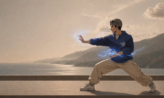 A young person in a blue hoodie channels blue lightning between their hands while posing on a cliffside terrace overlooking the sea. The image evokes casting powerful "crypto magic" but, paired with the caption's reminder to slow down and find balance, it suggests that even amid the electric excitement of the market, it's wise to pause and stay grounded.