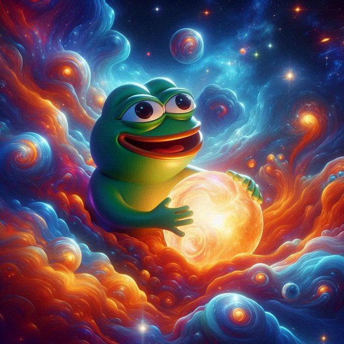 A vibrant digital illustration of Pepe the Frog holding a glowing orb, surrounded by swirling cosmic clouds of orange, red, and blue in a starry space setting.