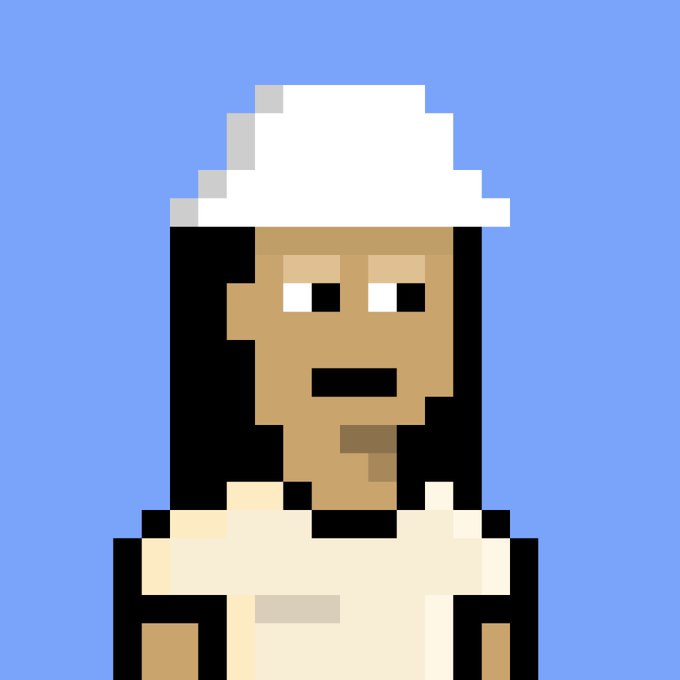 A pixel art portrait of a woman wearing a white hard hat and beige top against a light blue background.