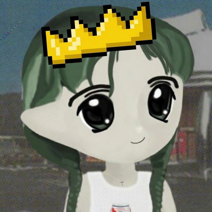 A digital illustration of an anime-style girl with large black eyes and green hair, wearing a pixelated golden crown overlay and a white tank top with a small cross necklace.