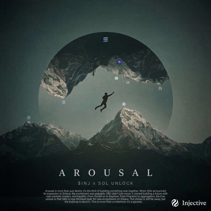 A promotional graphic for 'AROUSAL SINJ x SOL UNLOCK' by the Injective protocol, depicting a silhouetted figure floating in a sci-fi landscape with mountains and futuristic structures, accompanied by descriptive text about the ecosystem's growth.