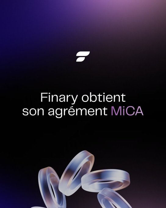 Finary's logo appears above the French text "Finary obtient son agrément MiCA" ("Finary obtains its MiCA approval"), set against a dark purple gradient background with metallic rings at the bottom, visually announcing the company's regulatory milestone highlighted in the post.