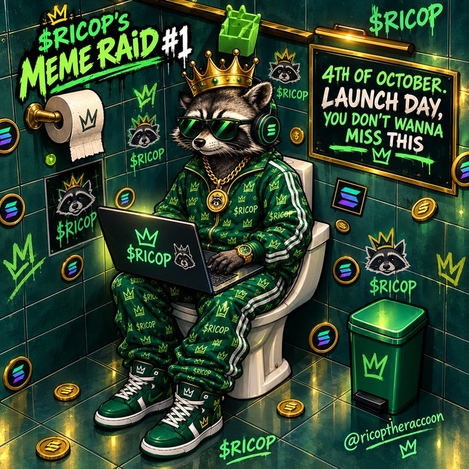 A digital illustration of a raccoon wearing sunglasses, a crown, and a green '$RICOP' tracksuit, sitting on a toilet while using a laptop, with text reading '$RICOP'S MEME RAID #1', '4TH OF OCTOBER LAUNCH DAY, YOU DON'T WANNA MISS THIS', and '@ricoptheraccoon'.