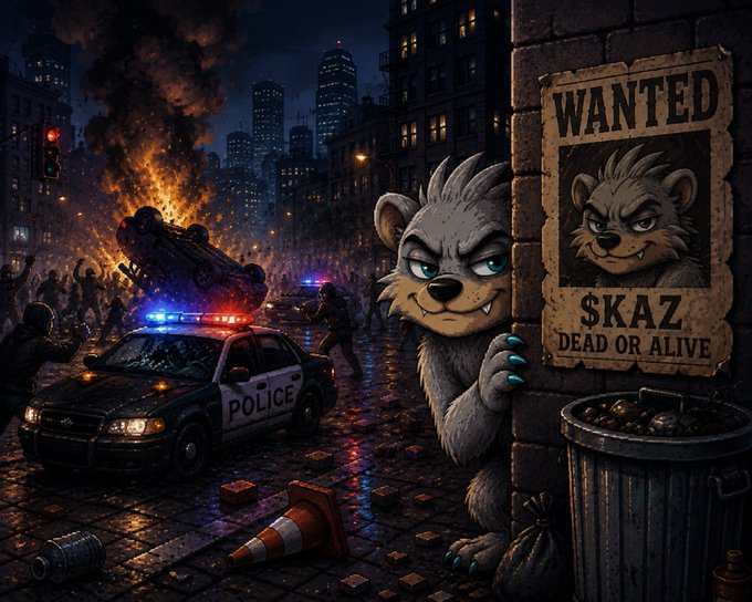A stylized digital illustration showing a cartoonish hedgehog-like creature hiding behind a brick wall next to a 'WANTED $KAZ DEAD OR ALIVE' poster, with police cars, fires, and chaos in the background cityscape.