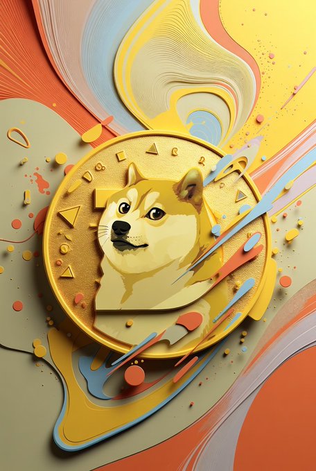 The image features a cartoon dog with a gold coin around its neck, giving the impression of a dogecoin design. The background has an abstract pattern that includes orange, yellow, blue, and white colors. The caption reads "Dogecoin", which is related to the image's theme.