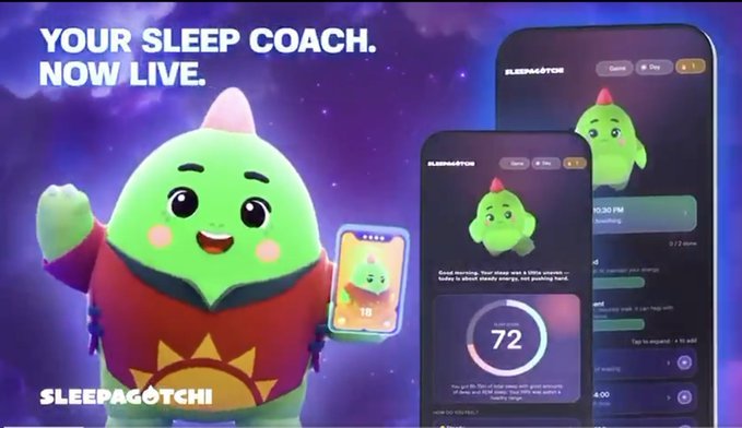 A promotional graphic for "SLEEPAGOTCHI" featuring the tagline "YOUR SLEEP COACH. NOW LIVE." with a green dinosaur-like mascot in red pajamas alongside phone screenshots displaying a sleep tracking score of "72" and a 10:30 PM sleep time. The image visually reinforces the post's message about reclaiming personal health data, showcasing an app that gamifies sleep data ownership through a virtual pet companion.
