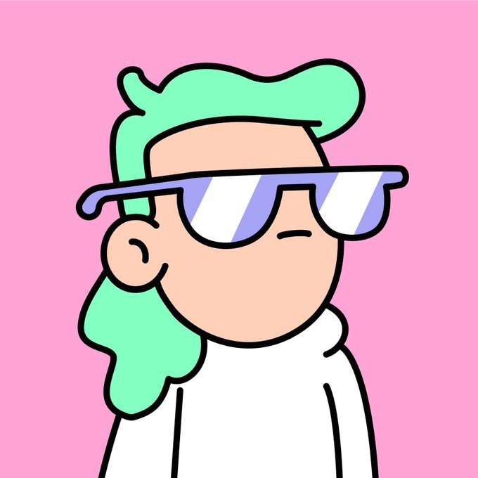 A cartoon-style profile illustration of a person with green hair, wearing purple-tinted sunglasses and a white shirt against a pink background.