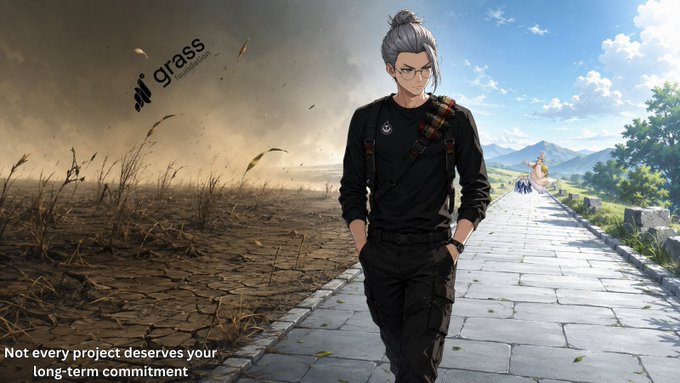 An anime-style illustration of a serious-looking man with gray hair in a bun walking on a path, with the text 'grass foundation' and 'Not every project deserves your long-term commitment' visible.