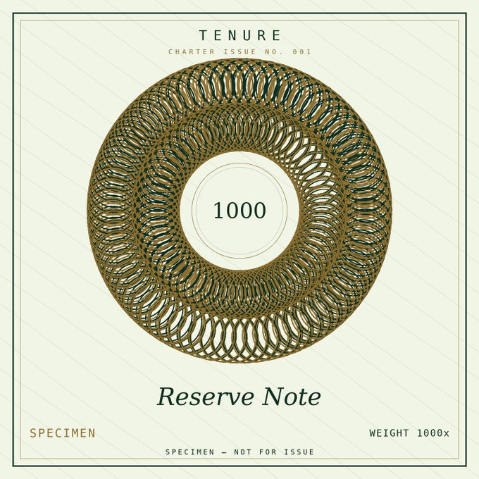 The image shows a stylized promotional graphic featuring a hand wearing a large blue gemstone ring resting on silver-gray hair, with text including "Tenure," "Charter Member," and a serial number. It appears to be a membership or NFT card design representing a "Tenure" charter token, aligning with the post announcing collaboration management for @TenureVault.
