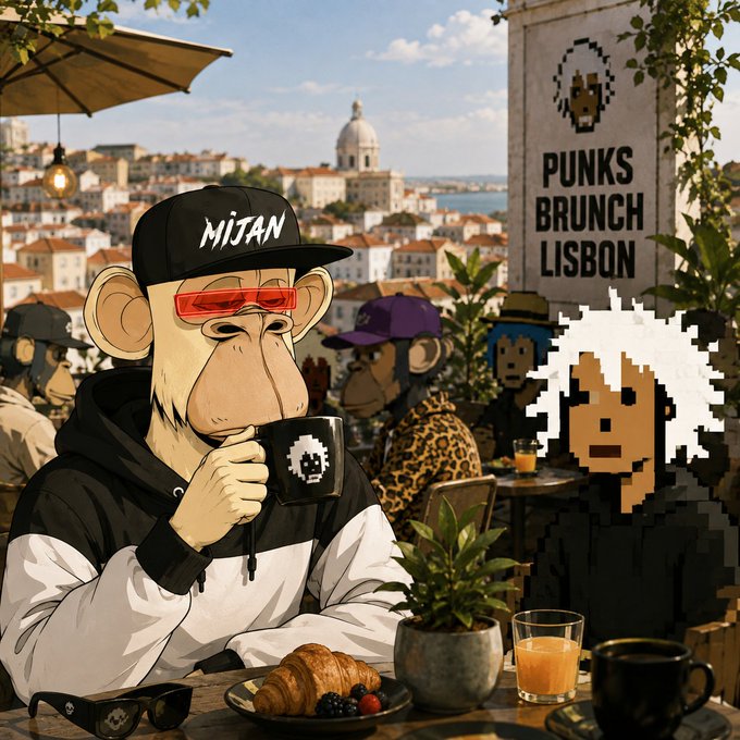 A digital illustration of Bored Ape-style NFT characters at a cafe with a 'PUNKS BRUNCH LISBON' sign, featuring a foreground ape wearing a 'MIJAN' cap and red sunglasses drinking coffee.