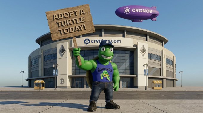 A 3D rendering of a muscular anthropomorphic turtle mascot wearing a blue 'CRONOS' tank top and cap, holding a sign that reads 'ADOPT A TURTLE TODAY!' in front of a 'crypto.com' stadium with a 'CRONOS' blimp overhead.