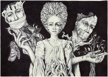 A black and white intricate line drawing depicting a central female figure with a large hairstyle holding a moth, flanked by two face-like mask figures in a surrealist style.