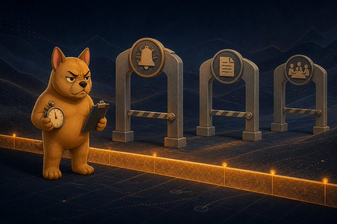 A stern cartoon bulldog stands watch beside an illuminated timeline with three arched gates featuring bell, document, and people icons, holding a stopwatch and clipboard. The image illustrates patience and disciplined market analysis, visually representing the trader's measured approach of waiting for confirmation rather than guessing BTC's bottom near 62,500, since a brief 15-minute dip "means nothing."