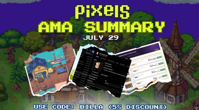 A 'Pixeis AMA SUMMARY' graphic dated 'JULY 29' features screenshots of a pixel-art game, chat interface, and voting form over a pixelated landscape, with the promo code 'BILLA (5% DISCOUNT)' at the bottom.
