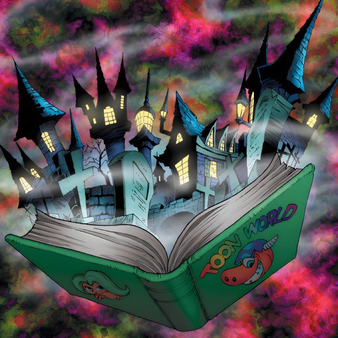 A stylized digital artwork showing an open green book titled 'Toon World' with a haunted castle and glowing windows emerging from its pages, set against a swirling purple and pink cosmic background.