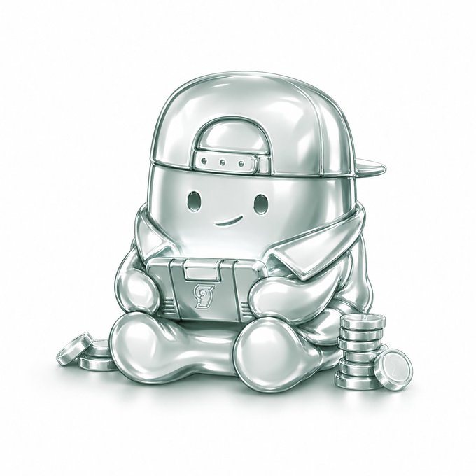 A silver, metallic-looking 3D figure of a cute cartoon character wearing a cap and jacket, sitting next to small stacks of coins.