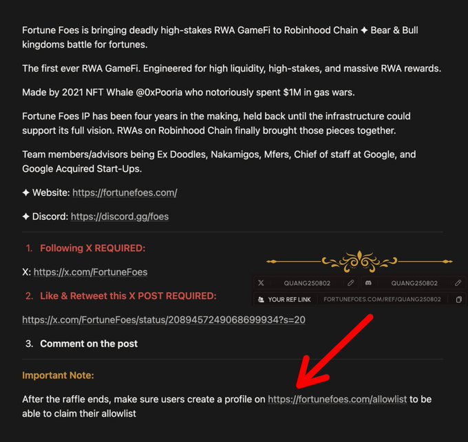 A promotional graphic for 'Fortune Foes' describes their RWA GameFi project on Robinhood Chain, listing website and Discord links, social media requirements, and a note to register on their allowlist, with a red arrow pointing to an X (formerly Twitter) reference link.