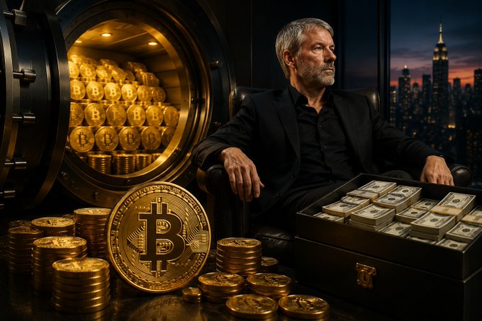 A well-dressed man sits amid stacks of gold coins featuring the "₿" Bitcoin symbol, with a vault filled with Bitcoin coins and a briefcase overflowing with $100 bills positioned beside him. The composition of physical currency and cryptocurrency visually reinforces the post's message about the company's substantial holdings of 843,775 BTC valued at $54 billion alongside its $3 billion cash reserves.