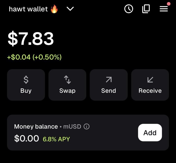 A cryptocurrency wallet app interface labeled 'hawt wallet 🔥' showing a balance of $7.83 (+$0.04, +0.50%) with options for Buy, Swap, Send, and Receive, plus a money balance of $0.00 at 6.8% APY.