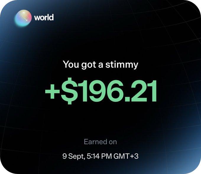 A notification from World (world.xyz) displaying "You got a stimmy +$196.21 Earned on 9 Sept, 5:14 PM GMT+3" against a dark background with a globe logo, illustrating the user's claim of earning $196 from making a single trade on the platform.
